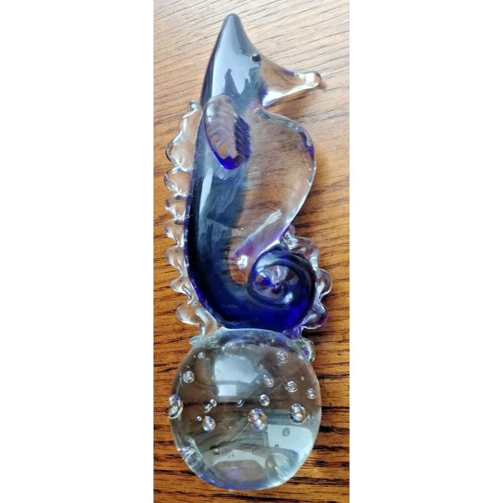 Paperweight vintage blown Art Glass Blue Seahorse - Picture 3 of 8